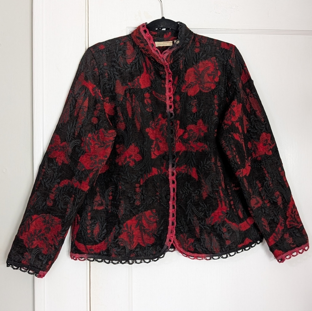 Choices Red & Black Floral Tapestry Jacket Mandarin Collar Size M